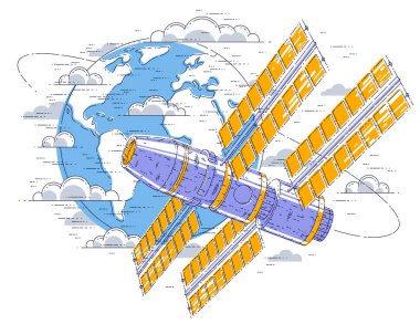 Dünya çevresinde yörünge uzay uçuşu uçan İstasyonu uzay, 3B vektör çizim hat.