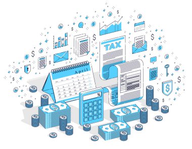 nakit para yığınları ve takvim beyaz arka plan üzerinde izole kağıt belgeler