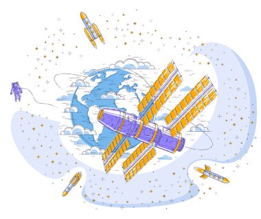 Dünya çevresinde yörünge uçuş uçan İstasyonu uzay, 3B vektör çizim hat.