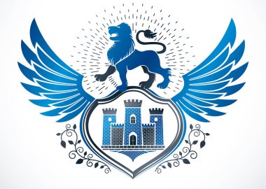 Vahşi aslan ve antik kale ile hanedan amblemi.