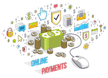 Online finans kavramı, para yığınları ile bilgisayar fare.