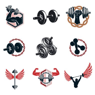 Halter ayarla, Barbell ve disk ağırlık beyaz arka plan üzerinde elbiseler ve donatım