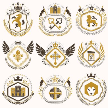 Eski stil hanedanlık armaları vektör amblem, vintage illüstrasyonlar ayarla