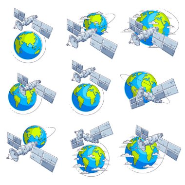 uzay istasyonları güneş panelleri ve uydu anten plakaları ile beyaz arka plan üzerinde ayarla