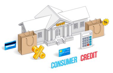 Banka alışveriş torbaları ve yüzde simgesi beyaz arka plan üzerinde izole bina. 