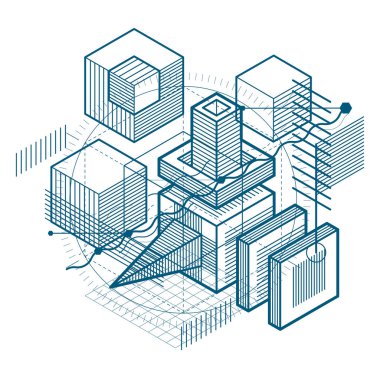 3B şekiller kompozisyon, dikdörtgenler ve farklı soyut öğeler soyut