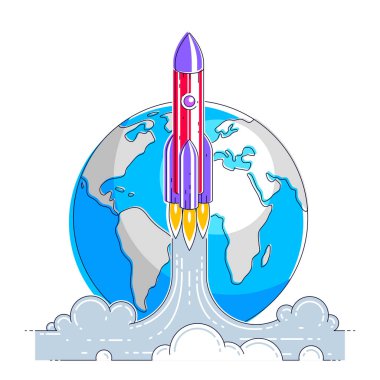 Arka planda seyyare yerküre ile keşfedilmemiş uzaya roket fırlatma