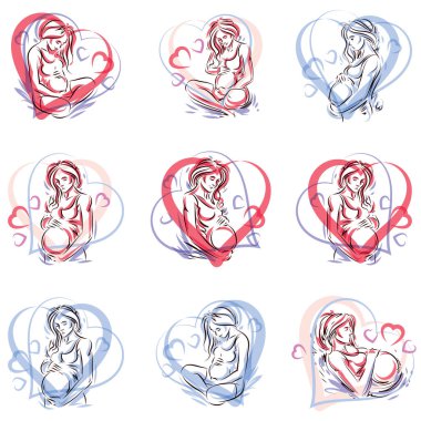 Collection of vector illustration of pregnant woman expecting baby clipart