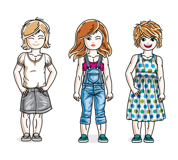 Belles Petites Filles Mignons Enfants Debout Portant Des Vêtements Décontractés — Image vectorielle