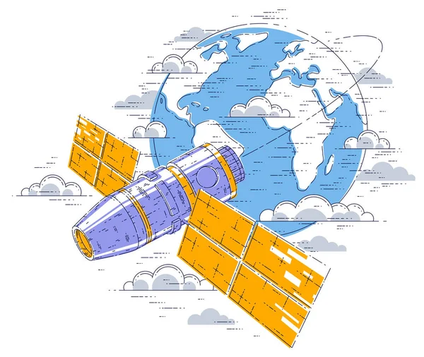 空间站飞行轨道飞行在地球附近 线3D 向量例证 — 图库矢量图片