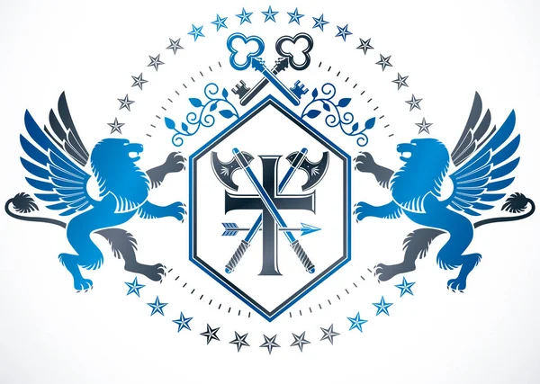 Ретро Винтажные Знаки Отличия Мифическим Грифоном Ключами Религиозным Крестом — стоковый вектор
