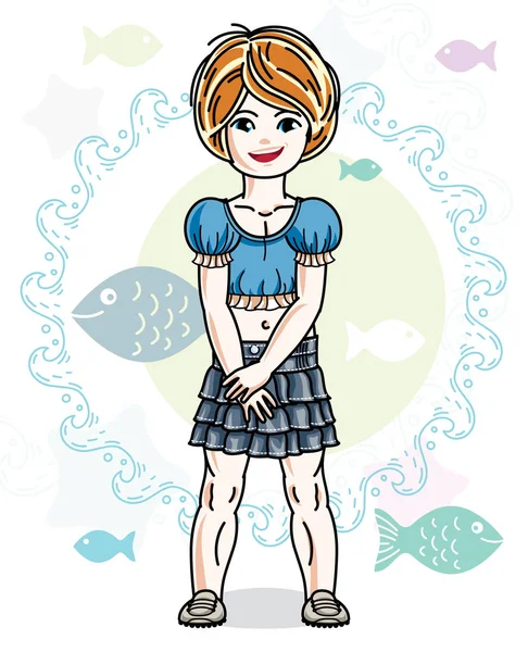 海と魚と海洋を背景に立っている私服で少し赤毛の女の子かわいい子幼児 — ストックベクタ