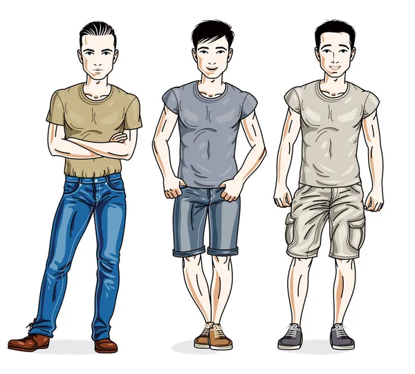 Moda Rahat Kıyafetler Giymiş Yakışıklı Genç Erkekler Grup Ayakta — Stok Vektör