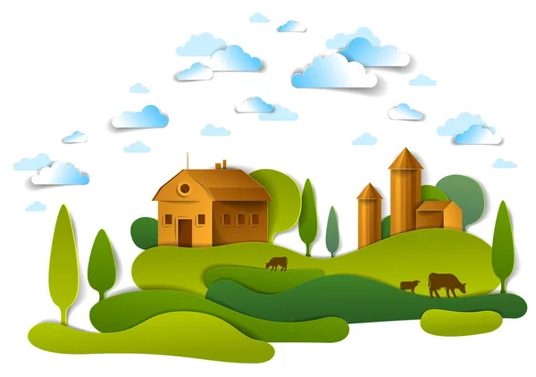 Farm in scenic landscape, vector illustration in paper cut style.