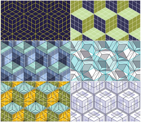 Geometrische Kubussen Abstract Naadloze Patronen Set Achtergronden Collectie — Stockvector