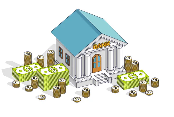 银行大厦与美元和硬币堆栈隔离在白色背景 — 图库矢量图片