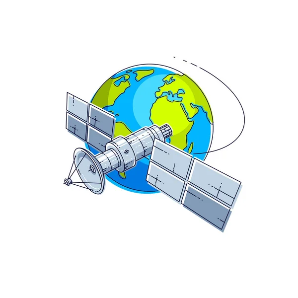 Komunikat Satelitarnych Latający Lot Orbitalny Wokół Ziemi Wektor Ilustracja — Wektor stockowy