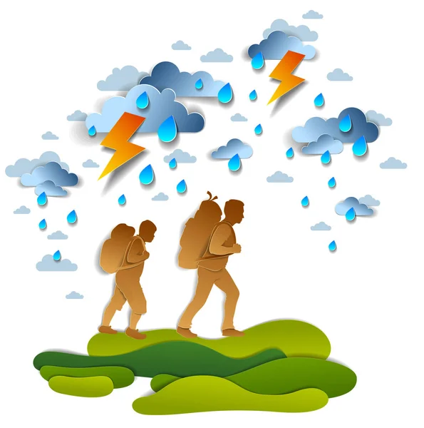 Wanderer Vater Und Teenager Sohn Gehen Durch Gewitter Vektorillustration — Stockvektor