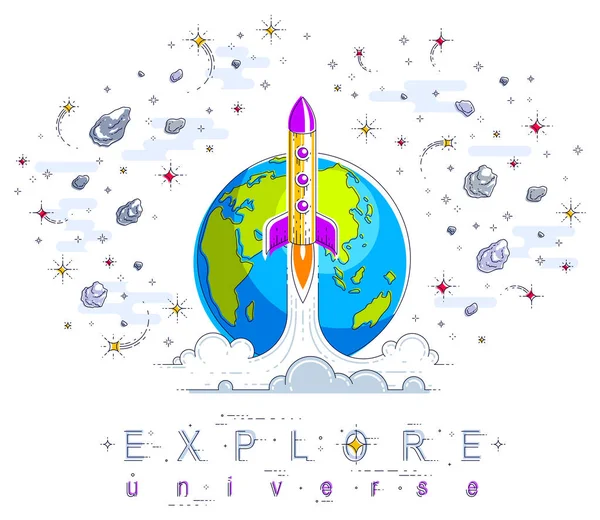 Raket Lansering Oupptäckt Utrymme Med Planeten Jorden Bakgrunden Vektor Illustration — Stock vektor