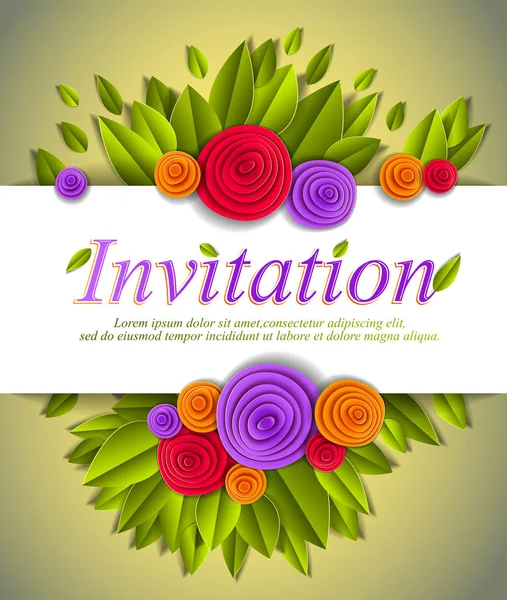 Convite Cartão Evento Com Folhas Verdes Frescas Flores Coloridas —  Vetores de Stock