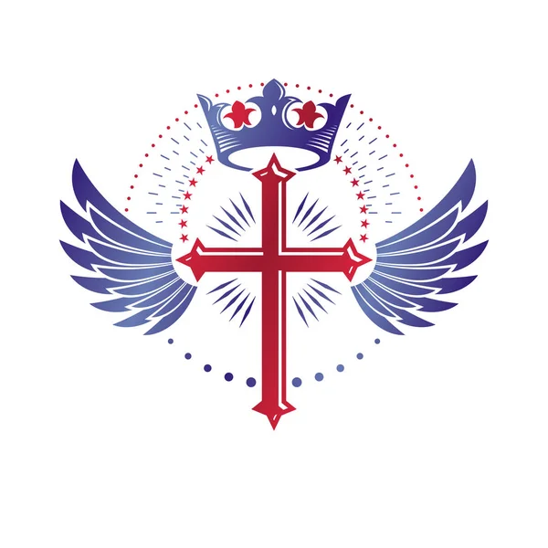 クロス宗教的なグラフィック エンブレム帝国王冠と天使の翼を持つ白い背景に分離されたベクトル — ストックベクタ