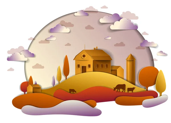 Ferme Dans Paysage Pittoresque Automne Illustration Vectorielle — Image vectorielle