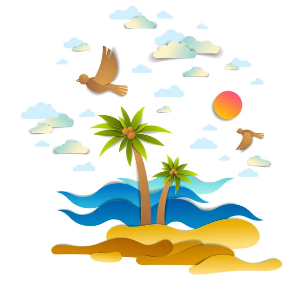 Bellissimo Paesaggio Marino Con Spiaggia Palme Illustrazione Vettoriale Stile Taglio — Vettoriale Stock