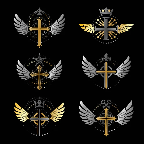 Korsningar Kristendomen Emblem Svart Bakgrund — Stock vektor
