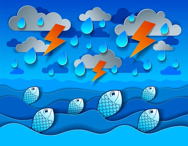 Thunderstorm Lightning Sea Fishes Vector Illustration — Stock Vector