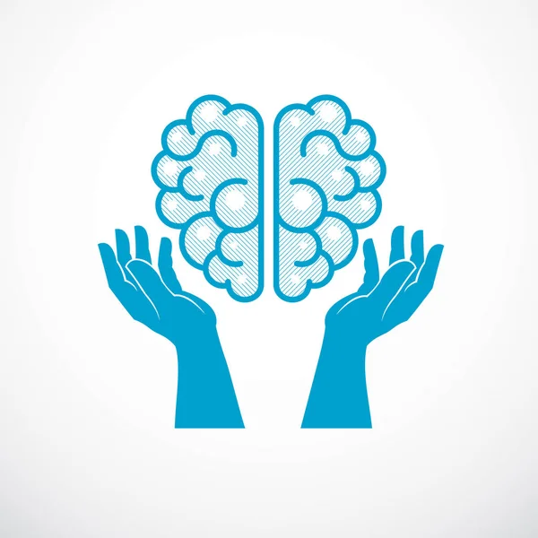 Cervello Anatomico Umano Con Tenera Difesa Delle Mani Cura — Vettoriale Stock