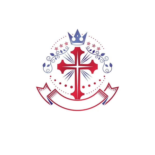Croix Emblème Graphique Religieux Avec Couronne Impériale Ornement Floral — Image vectorielle