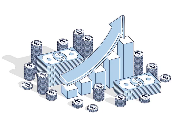 Growth Chart Stats Bar Cash Money Stack Isolated White Background — Stock Vector