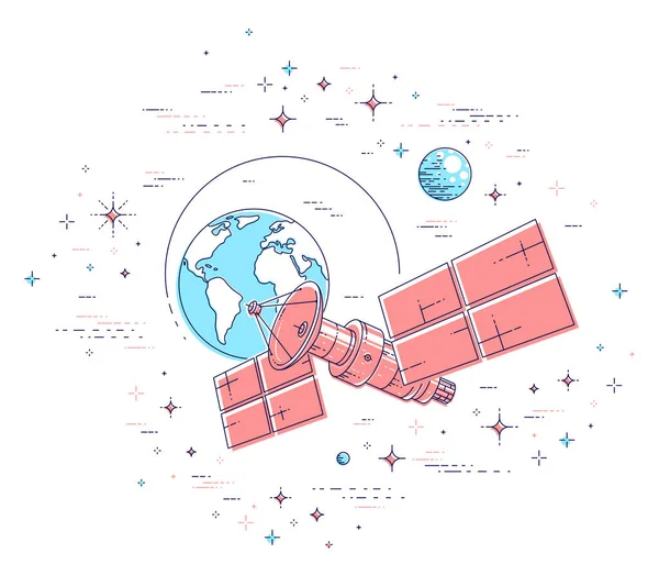 Comunicazione Satellite Volo Orbitale Intorno Alla Terra — Vettoriale Stock