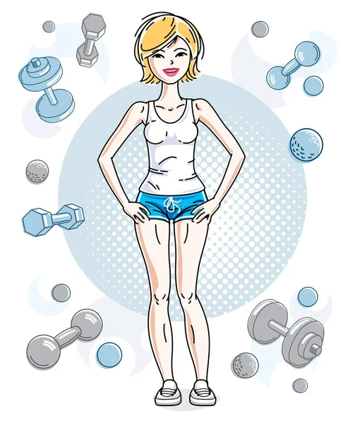 Joven Hermosa Rubia Deportiva Pie Sobre Fondo Simple Con Pesas — Vector de stock