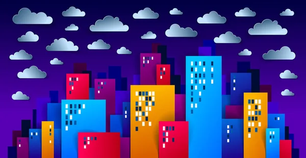 Edificios Ciudad Noche Con Nubes Papel Corte Estilo Vector Ilustración — Vector de stock