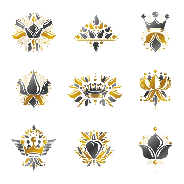 花と王冠エンブレム セット 紋章のベクトル要素 — ストックベクタ