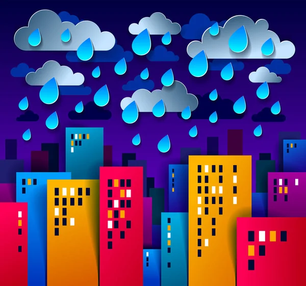 Paisaje Urbano Bajo Lluvia Noche Estilo Aplicación Corte Papel — Vector de stock