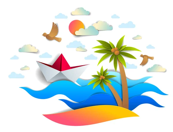 纸船游泳在海浪与海滩和棕榈树 — 图库矢量图片