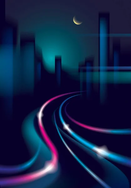 Circulation Lignes Brillantes Nuit Route Ville Bâtiments Silhouettes Skyline — Image vectorielle