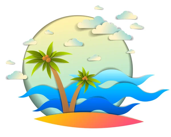 Krásná Krajina Vlnami Moře Pláž Palmy Mraky Obloze — Stockový vektor