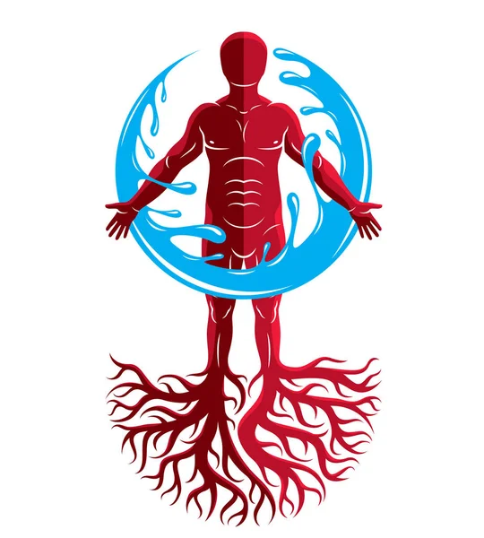 Illustrazione Grafica Muscoloso Umano Individuo Creato Con Radici Albero — Vettoriale Stock