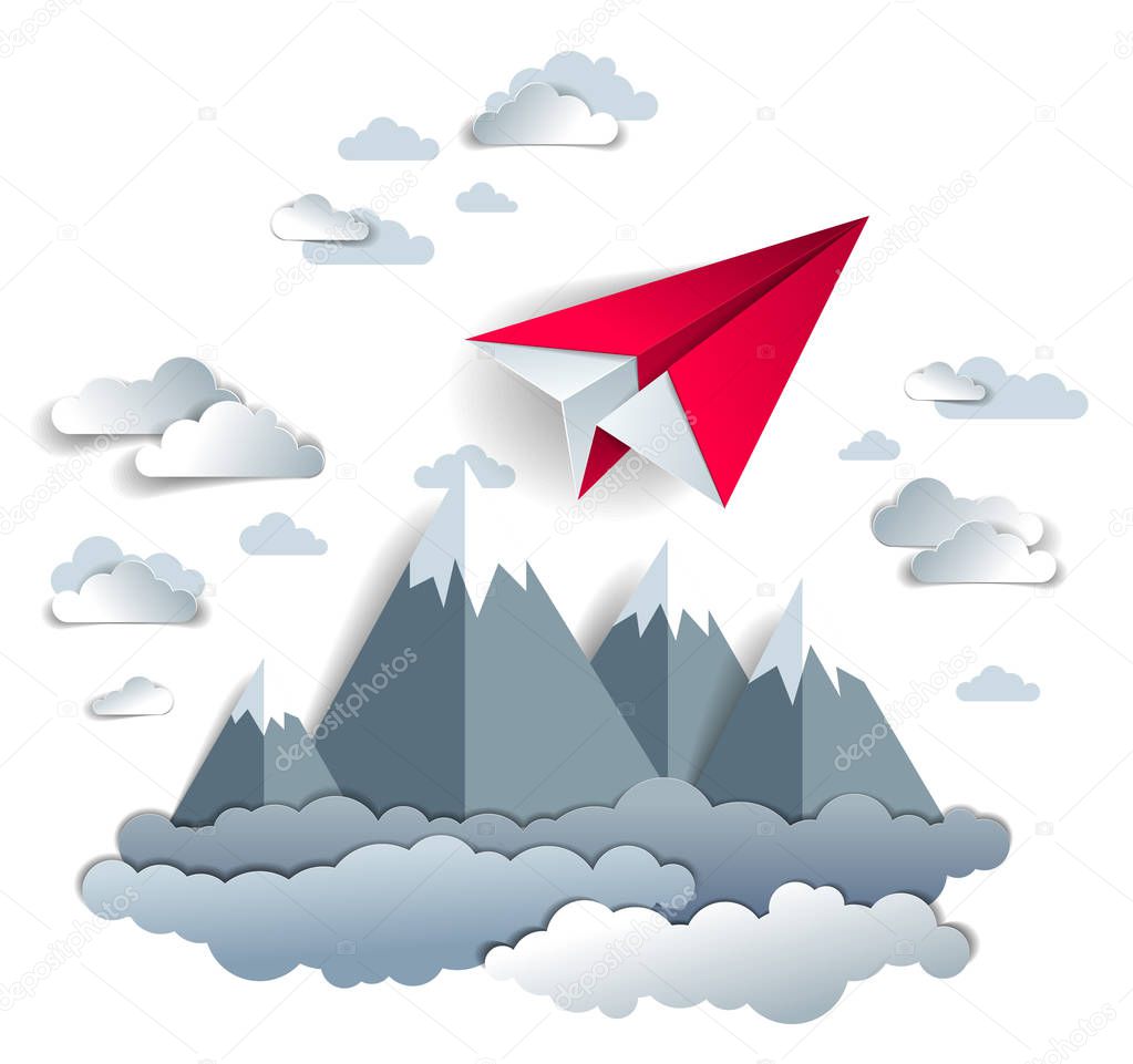 Origami paper plane toy flying in sky over mountain peaks