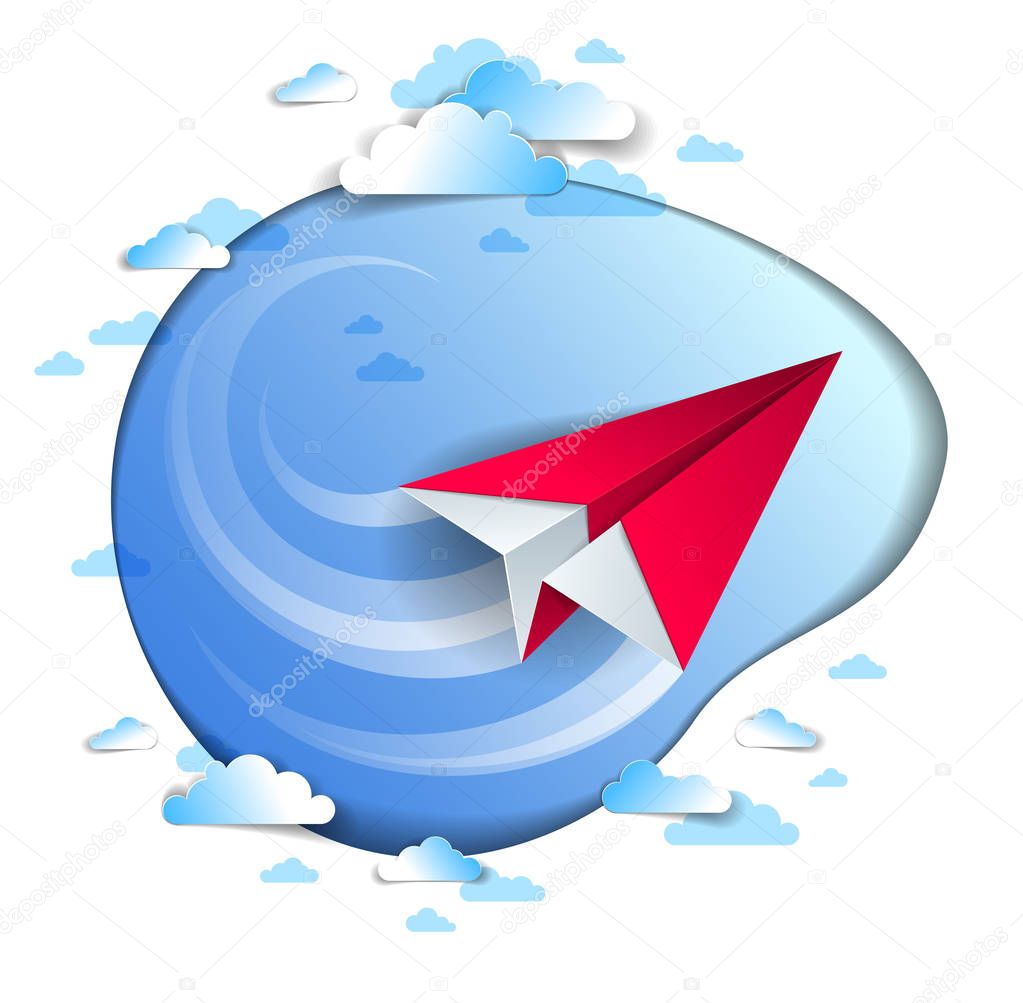 Paper plane in cloudy sky, vector illustration