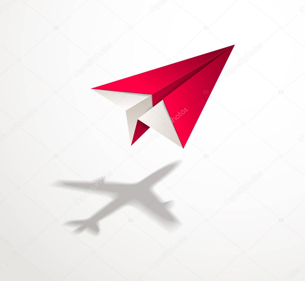 Paper plane casting shadow of jet airliner at white background