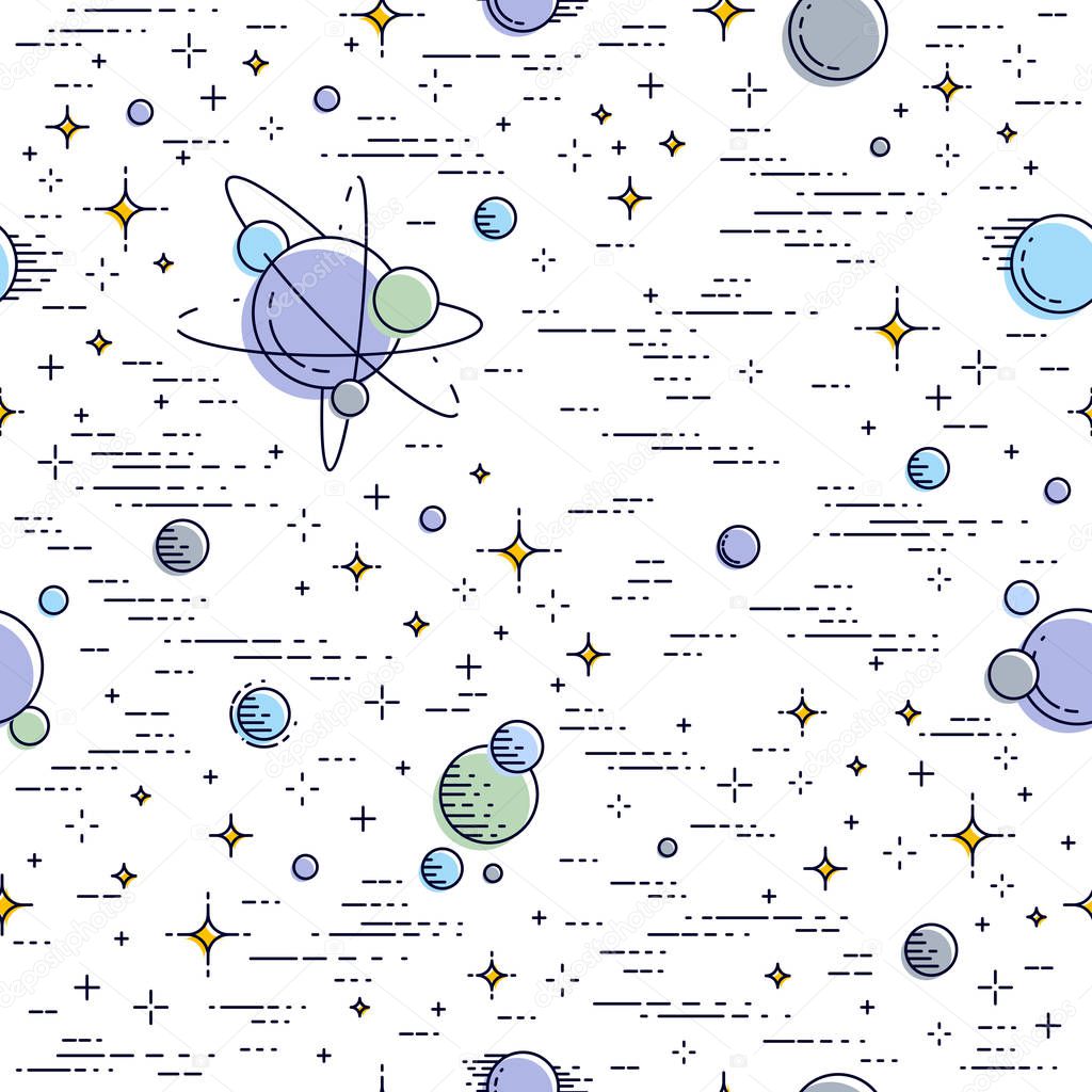 Seamless space background with planets, vector illustration.