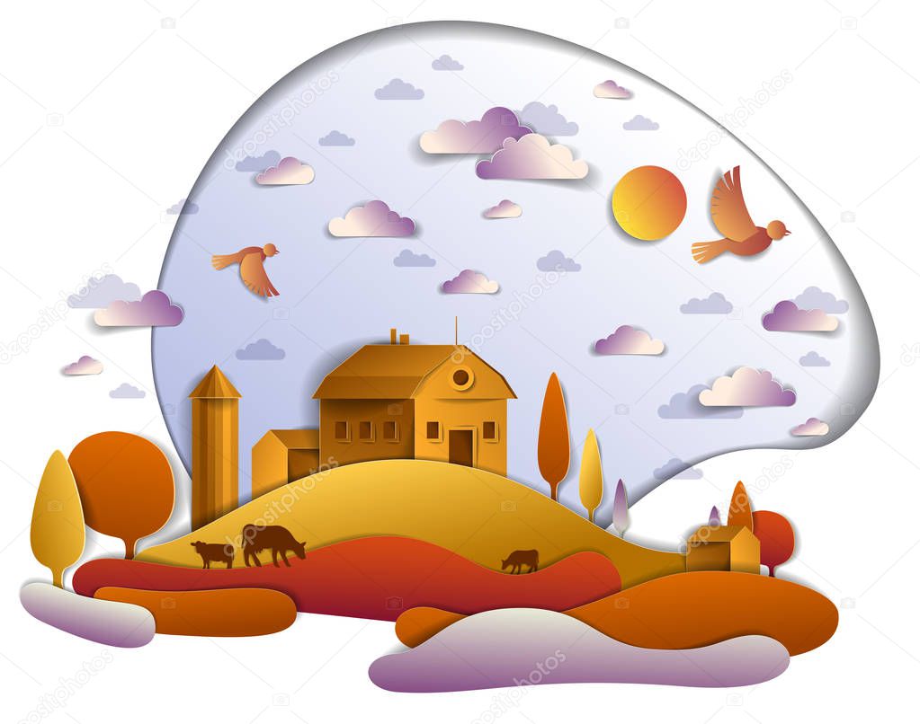 Farm in scenic autumn landscape, vector illustration in paper cut style.
