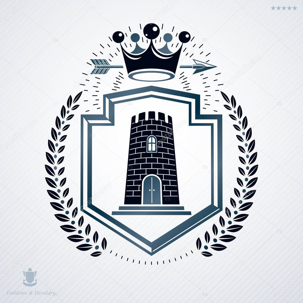 Vector retro insignia design decorated with laurel leaves and vintage elements of medieval tower and royal crown
