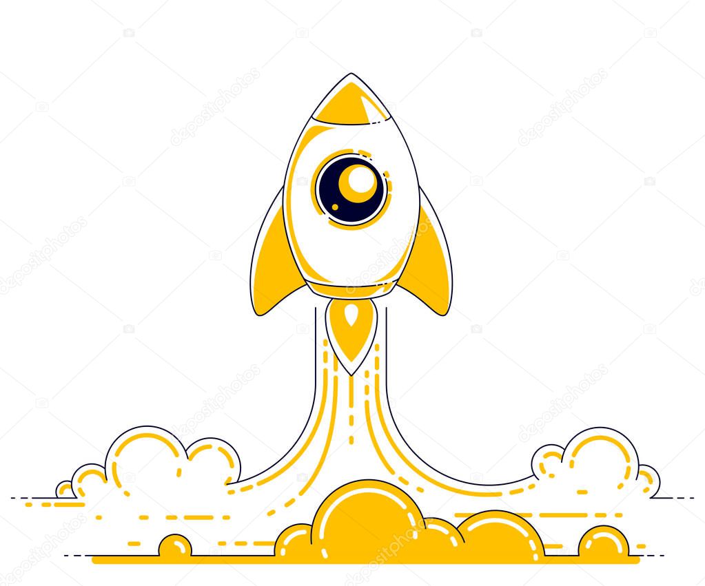 Rocket launch into undiscovered space, line 3d vector illustration 