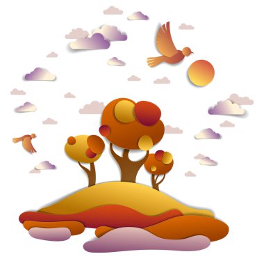 Çayırlar ve ağaçlar, kuşlar ve güneş ile bulutlu gökyüzü manzara sonbahar manzara