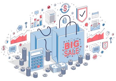 Nakit para yığınları ve üzerinde beyaz izole para yığınları ile alışveriş torbaları